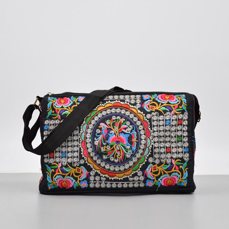 Galsang Inula Flower Peony Peacock Double-Sided Embroidery Canvas Shopping Purse Handbag Crossbody Bag