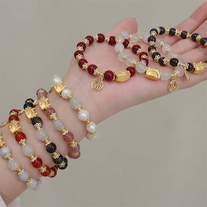 Year Of The Dragon Red Agate Strawberry Quartz Black Obsidian Jade Garnet Pearl Cinnabar Dumpling Dragon Luck Fu Character Bracelet