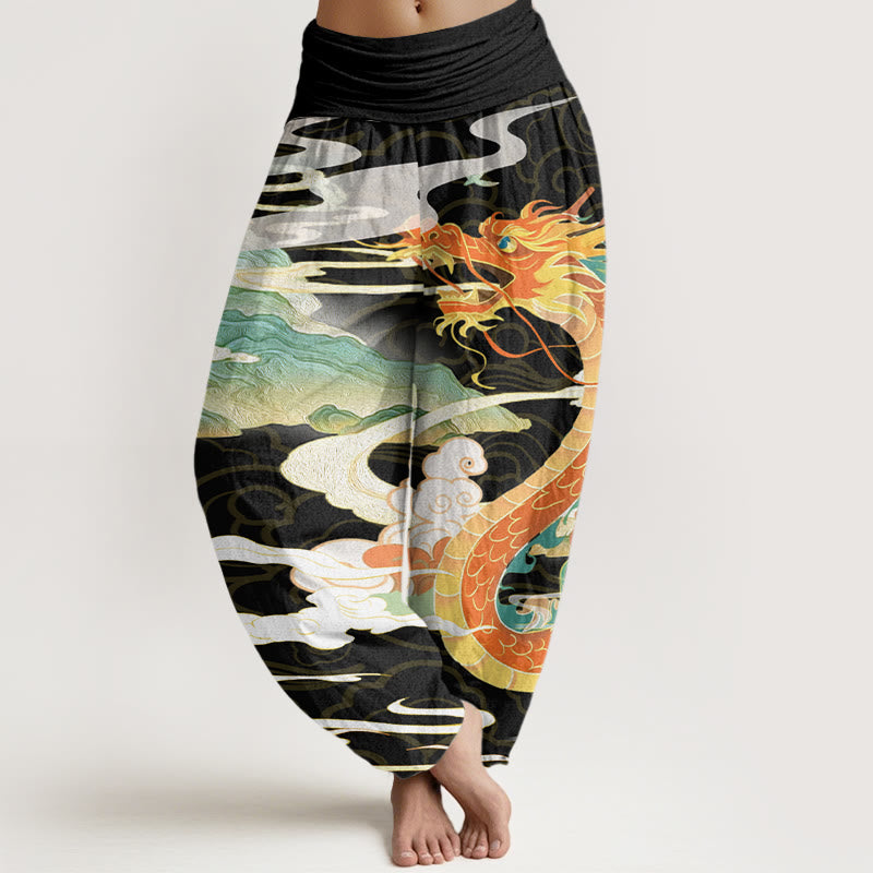 Dragons Auspicious Clouds?pattern Women's Elastic Waist Harem Pants