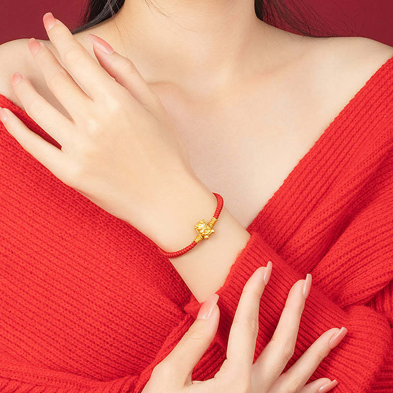 999 Sterling Silver Year of the Dragon Copper Coin Fortune Dragon Fu Character Luck Handcrafted Red String Braided Bracelet