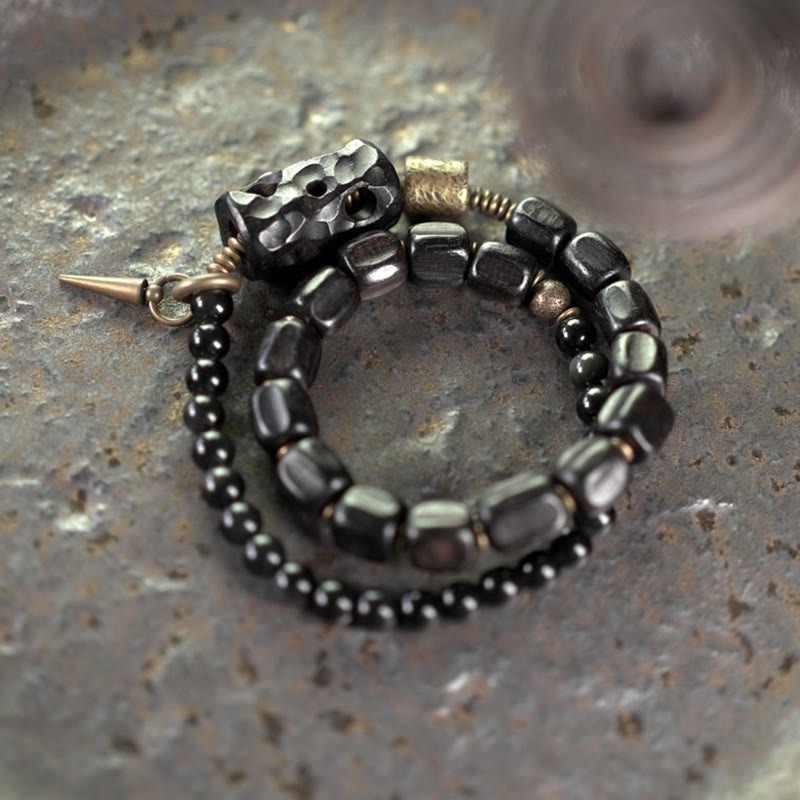 Ebony Wood Black Obsidian Copper Brass Peace Double Wrap Bracelet
