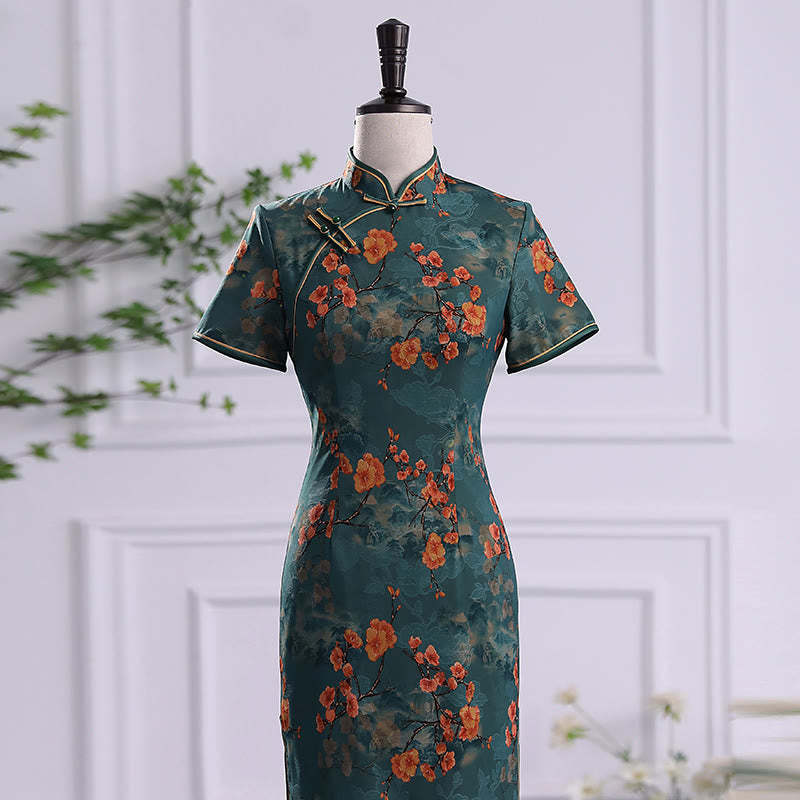Retro Flower Lotus Peony Feather Print Qipao Dress Women's Cheongsam Dress