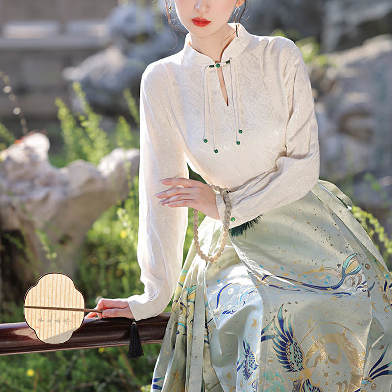 Green Phoenix Printed Chinese Hanfu Horse Face Skirt Mamianqun