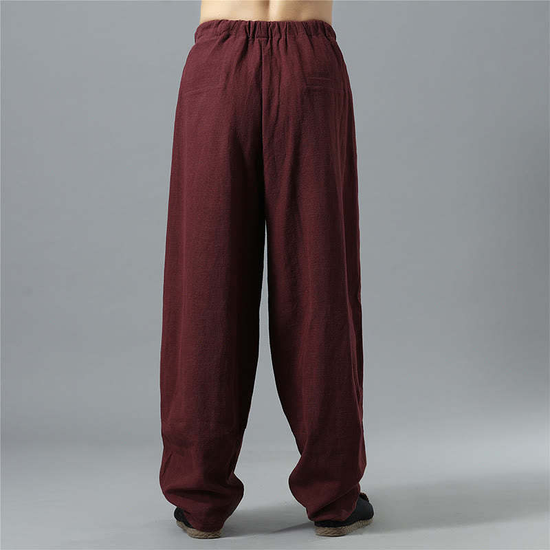 Casual Solid Color Drawstring Cotton Linen Men's Pants With Pockets