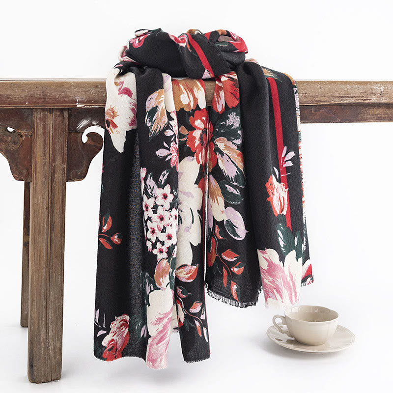 Tibetan Blooming Rose Peony Flower Print Shawl Fall Winter Cozy Warm Scarf Wrap