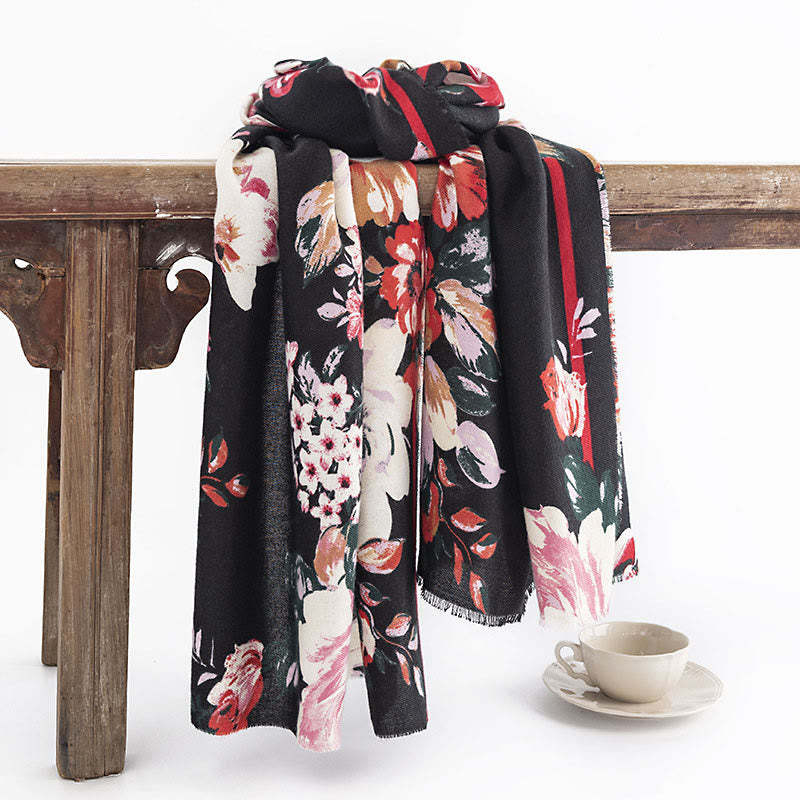 Tibetan Blooming Rose Peony Flower Print Shawl Fall Winter Cozy Warm Scarf Wrap