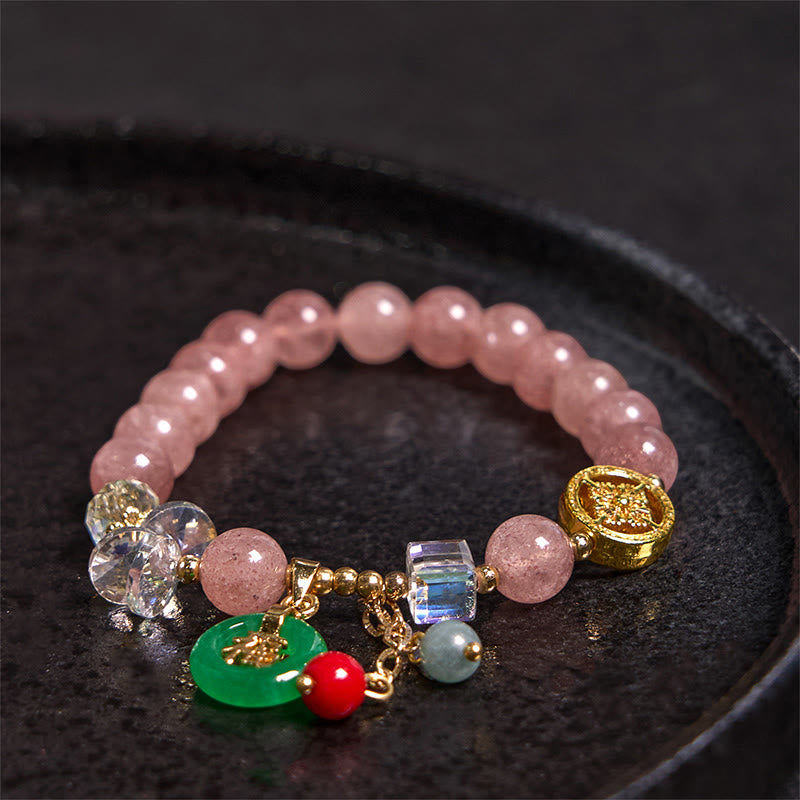 Strawberry Quartz Jade Fu Character Charm Healing Bracelet