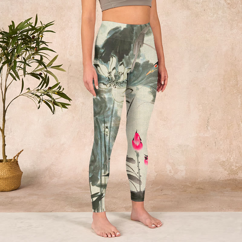 Lotus Bamboo Leaves Print Gym Leggings Women's Yoga Pants
