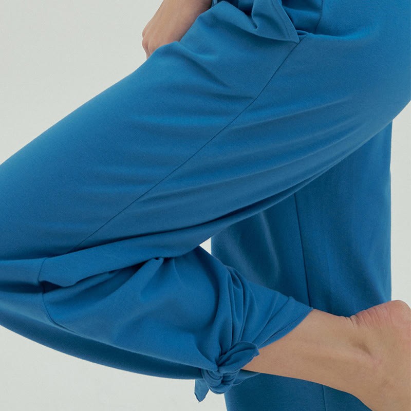 Casual Loose Tie-down Hem Plain High Waist Women's Leica Pants With Pockets