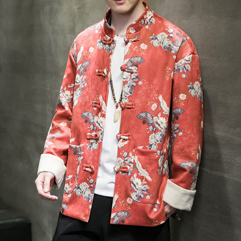 Chinese New Year Clothes Flowers Fan Birds Frog-button Tang Suit Cotton Men's Jacket Shirt With Pockets