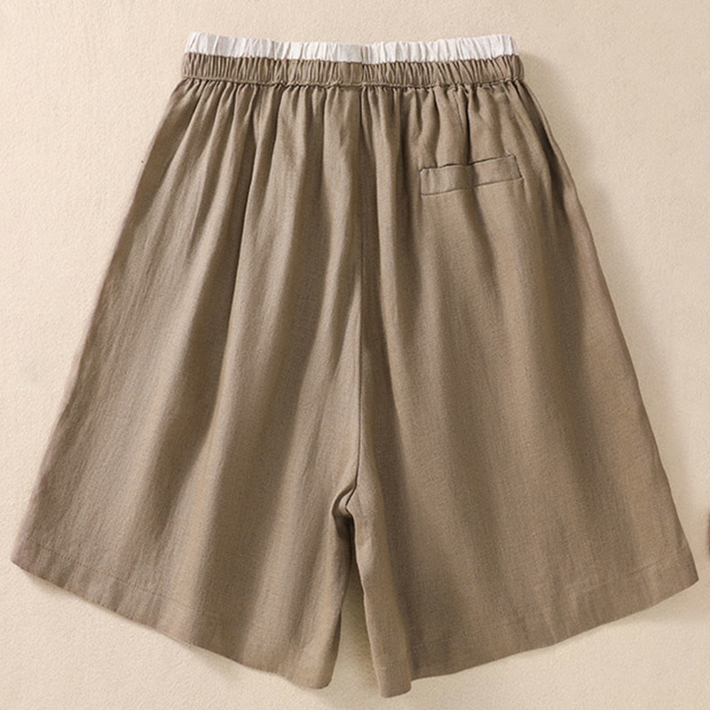 Solid Color Contrast Color Waist Lace-up Cotton Linen Women's Shorts With Pockets
