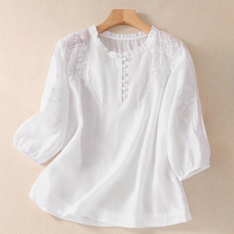 Casual Plain Button Floral Embroidered Design Puff Half Sleeve Cotton Linen Women's Shirt