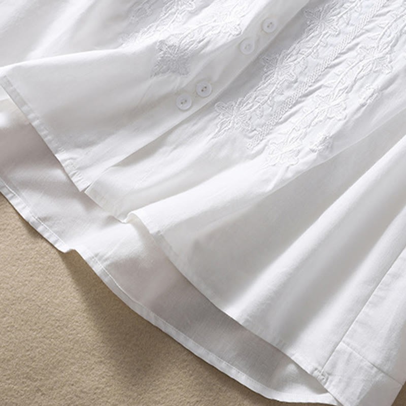 Summer Plain Button Embroidery Flower Pattern Three Quarter Sleeve Lapel Cotton Linen Women's Shirt