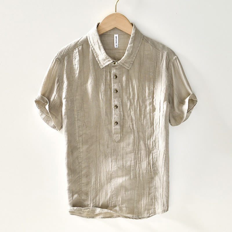 Causal Plain Lapel Ramie Linen Half Button Men's Shirt