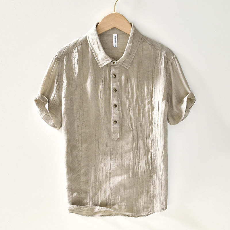 Causal Plain Lapel Ramie Linen Half Button Men's Shirt