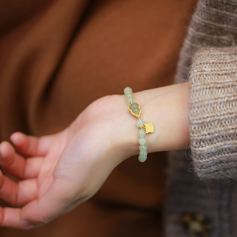 925 Sterling Silver Plated Gold Natural Hetian Jade Bead Gourd Lotus Bamboo Fu Character Luck Bracelet