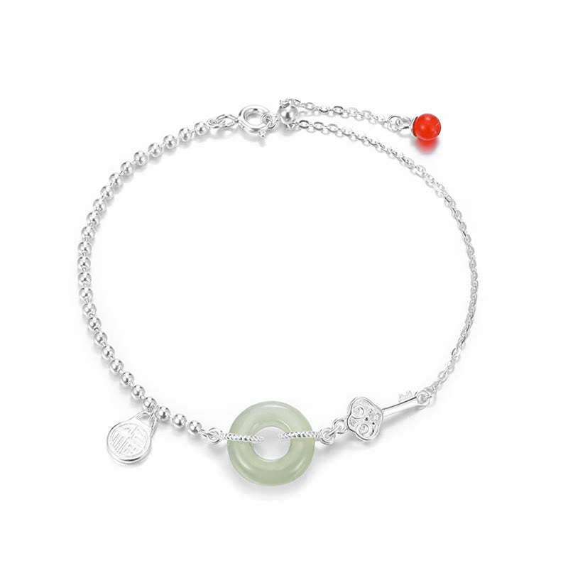 925 Sterling Silver Hetian Jade Peace Buckle Fu Character Luck Chain Bracelet