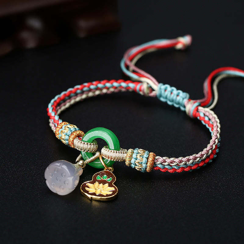 Colorful Rope Chalcedony Lotus Jade Peace Buckle Harmony Gourd Charm Bracelet