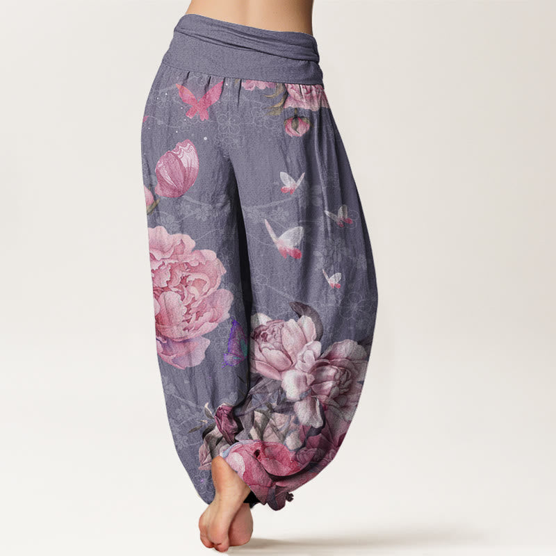 Casual Bright Peony Flower Butterfly Women's Elastic Waist Harem Pants