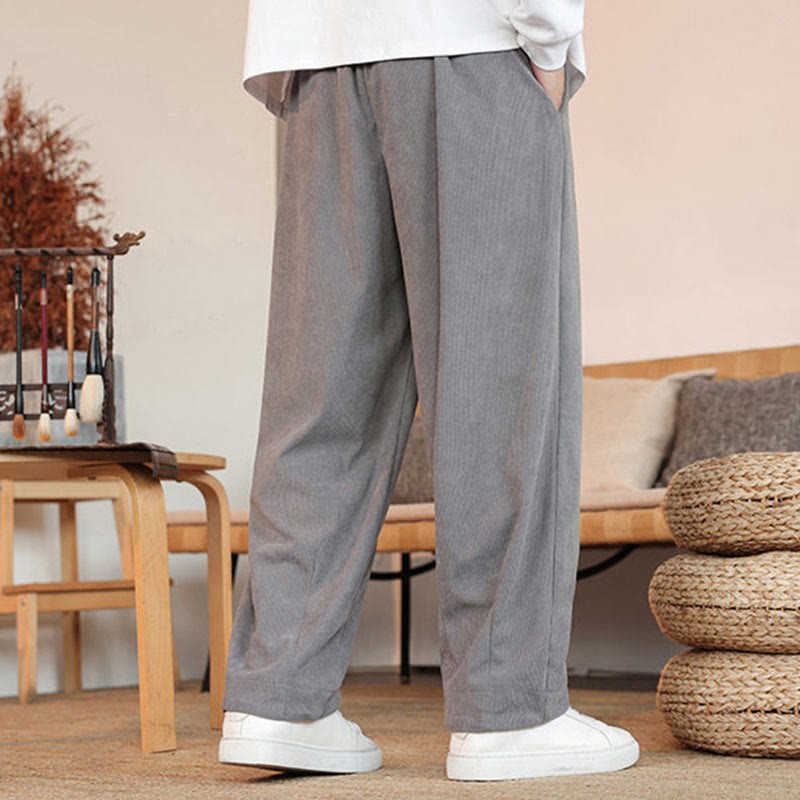 Fall Winter Men's Drawstring Corduroy Solid Pants With Pockets