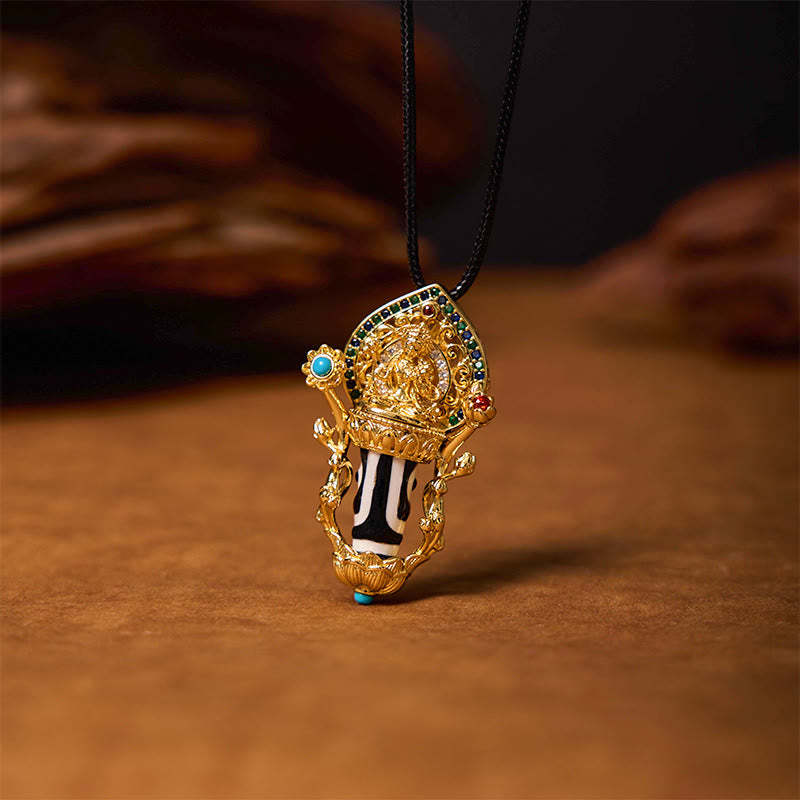 Tibetan Dzi Bead Manjusri Bodhisattva Pattern Compassion String Necklace Pendant