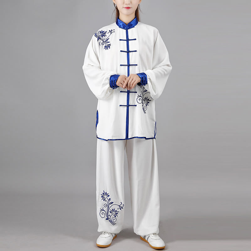 2Pcs Fall Blue Embroidery Flowers Frog-Button Tai Chi Meditation Qigong Zen Practice Unisex Cotton Clothing Set