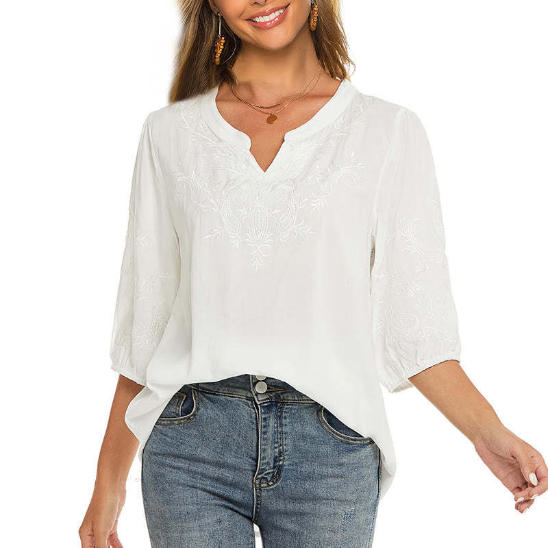 Casual Solid Color Embroidery Flower Three Quarter Sleeve V-Neck Cotton Women's T-Shirt