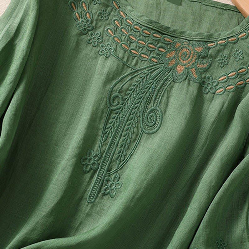 Artistic Plain Floral Embroidered Design Crew Neck Puff Half Sleeve Cotton Linen Women's T-Shirt