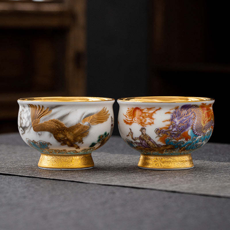 Golden Eagle Auspicious Dragon Sun Ocean Waves Gilt Ceramic Teacup Kung Fu Tea Cup