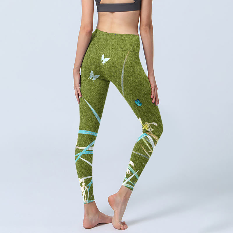 Green Butterfly Orchid Flowers Print Gym Leggings Women's Yoga Pants