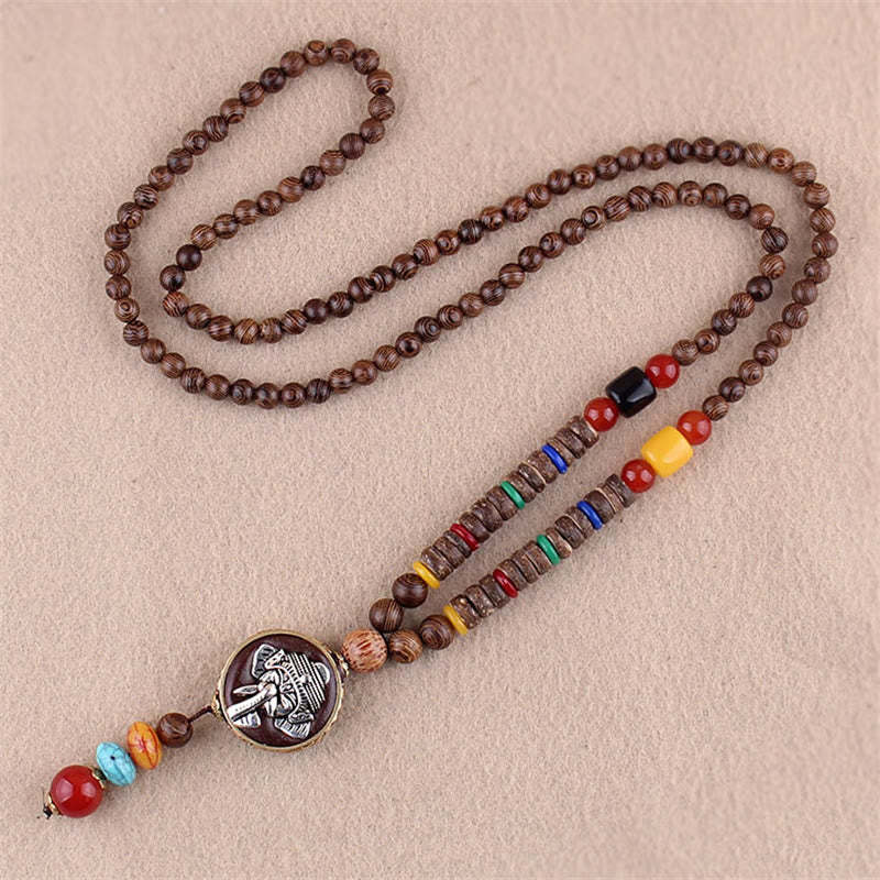 Tibetan Wenge Wood Bodhi Seed Agate Elephant Protection Necklace Pendant