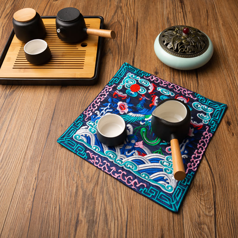Phoenix Dragon Kirin Embroidery Cup Mat Pad Tea Cup Coaster Kung Fu Tea Mat