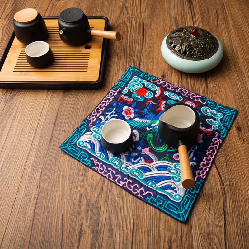 Phoenix Dragon Kirin Embroidery Cup Mat Pad Tea Cup Coaster Kung Fu Tea Mat