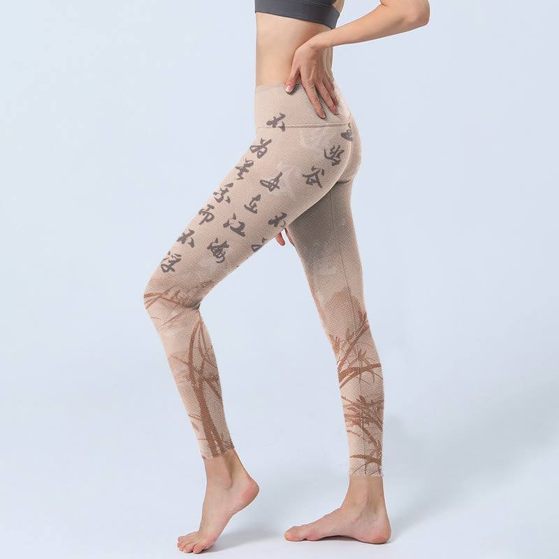 Calligraphy Orchid Print Gym Leggings Women's Yoga Pants