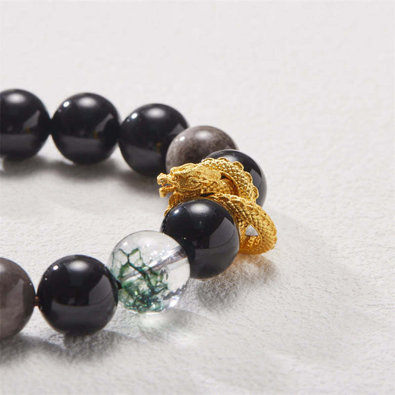 Natural Silver Sheen Obsidian Dragon Green Phantom Protection Bracelet
