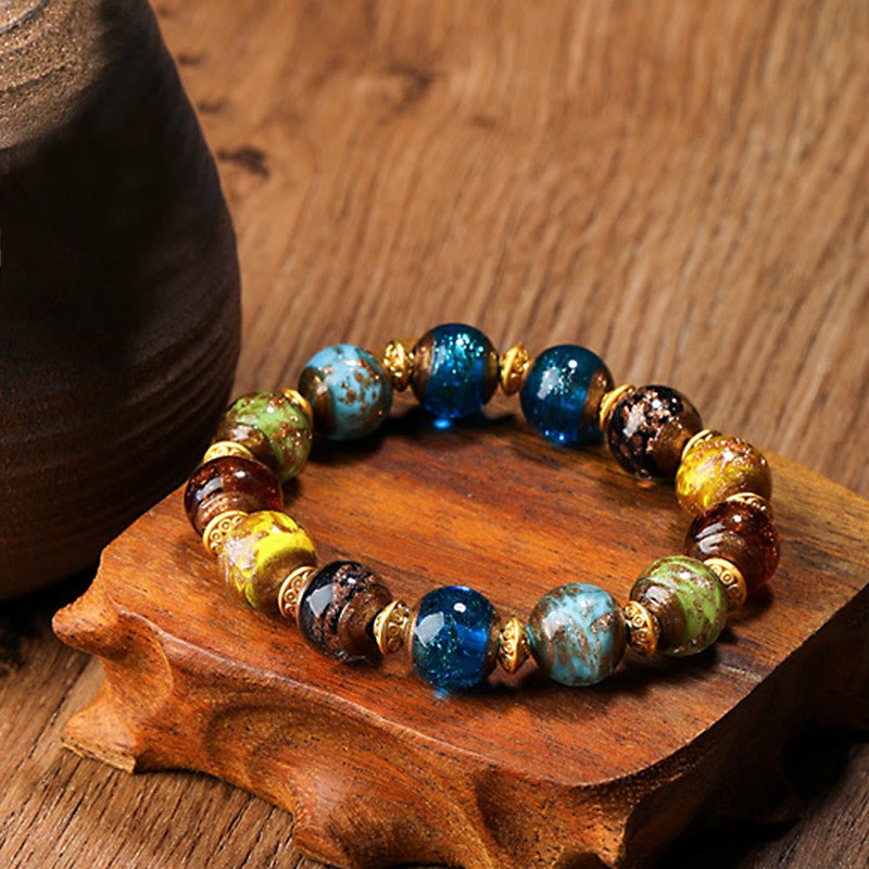 Gold Swallowing Beast Family Charm Liuli Glass Bead Fortune Bracelet