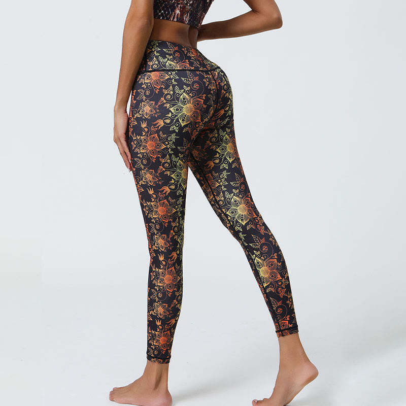 Flowers Geometric Mandalas Print Sports Fitness Yoga High Waist Leggings Women's Pants