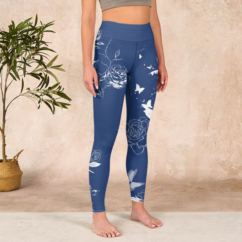 Blue Rose Butterfly Print Sports Leggings Women's Yoga Pants