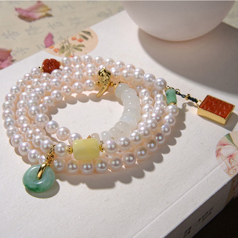 925 Sterling Silver Pearl Hetian Jade Red Agate Double Happiness Amber Luck Quadruple Wrap Bracelet