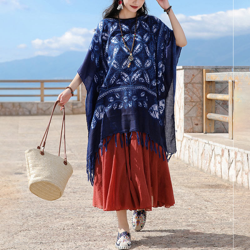 Blue Flower Indigo Dyeing Shawl Tassels Cozy Pullover 90*95cm