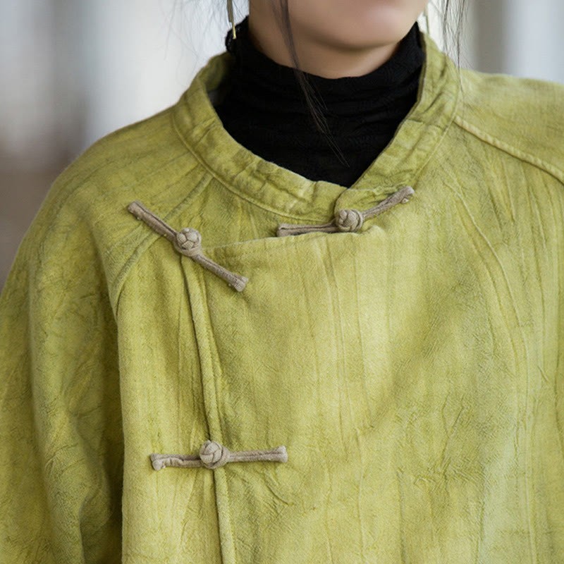 Solid Color Frog-button Thermal Long Sleeve Ramie Linen Women's Shirt