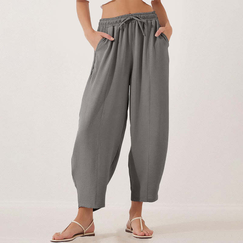 Casual Plain Loose Drawstring Women's Polyester 7/8 Length Pants  With Pockets