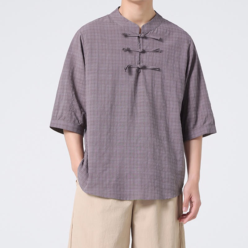 Frog-Button Plaid Pattern Chinese Tang Suit Half Sleeve Shirt Cotton Linen Men Clothing