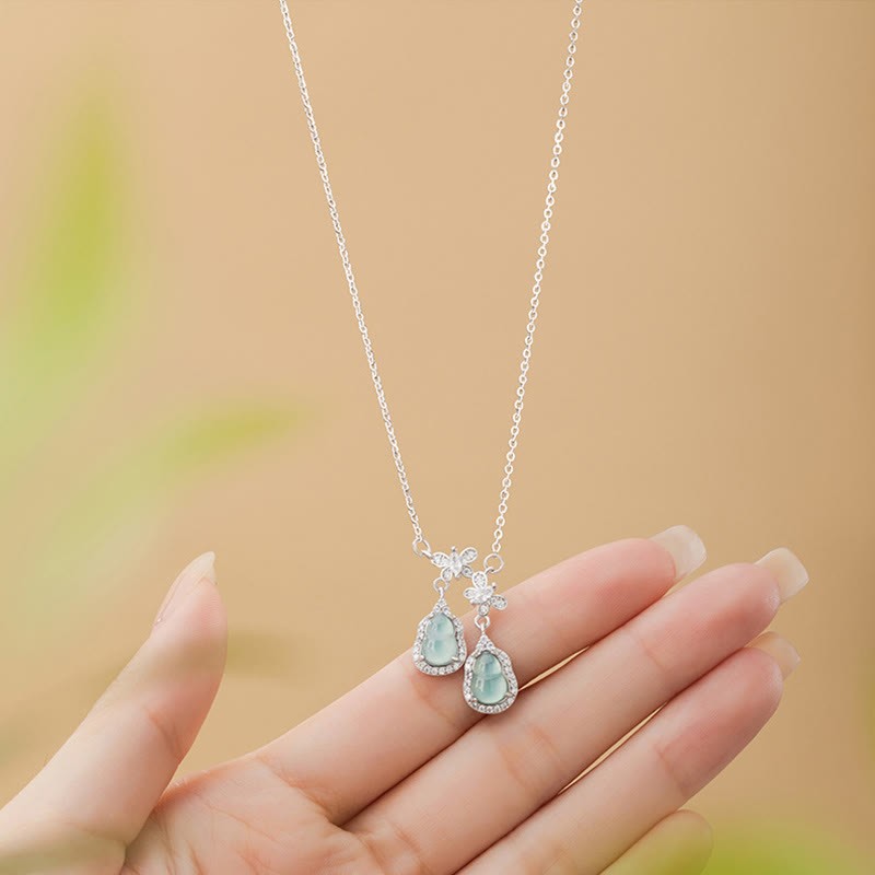 925 Sterling Silver Green Jade Double Gourd Butterfly Luck Necklace Pendant