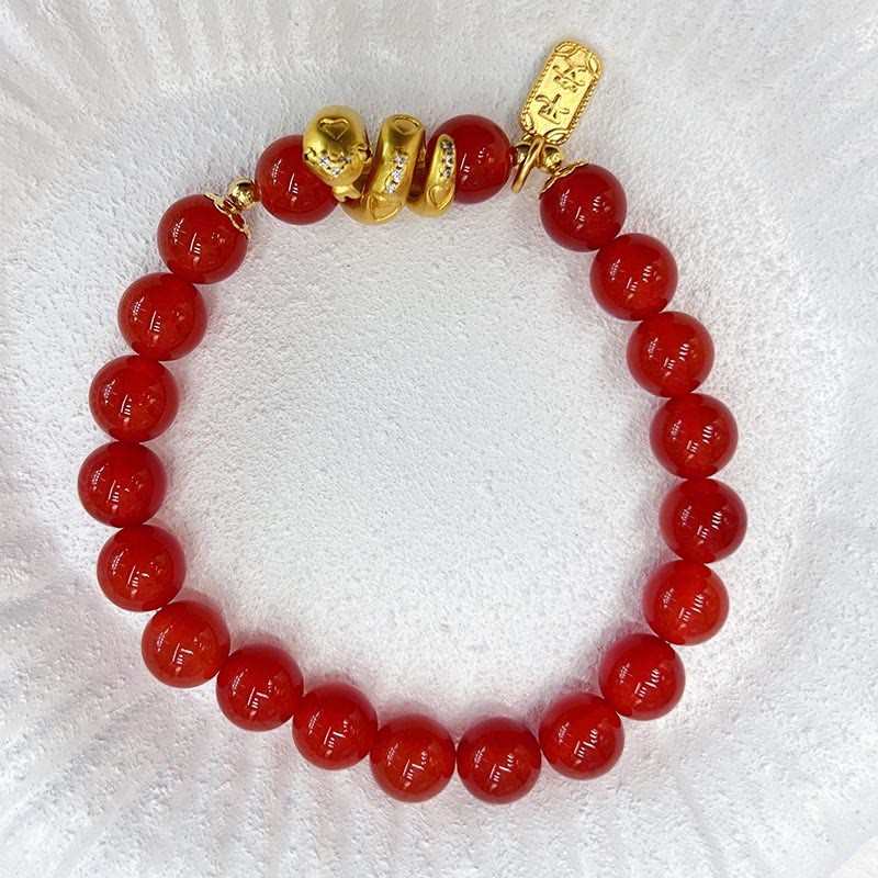 Red Agate Gold Plated Copper Peace And Joy Safe Plate Year of the Snake Confidence Bracelet