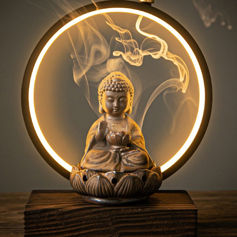mystic zen Lotus Backflow Smoke Fountain Ceramic Blessing Incense Burner With Light Decoration