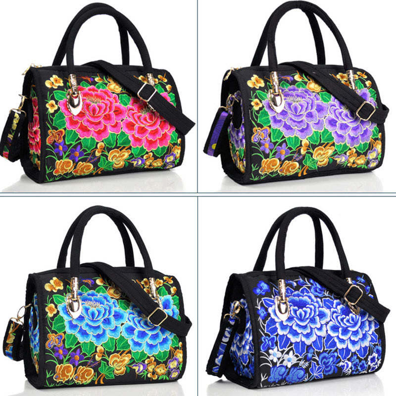 Money Tree Peony Camellia Double-Sided Embroidery Canvas Shopping Purse Handbag Crossbody Bag