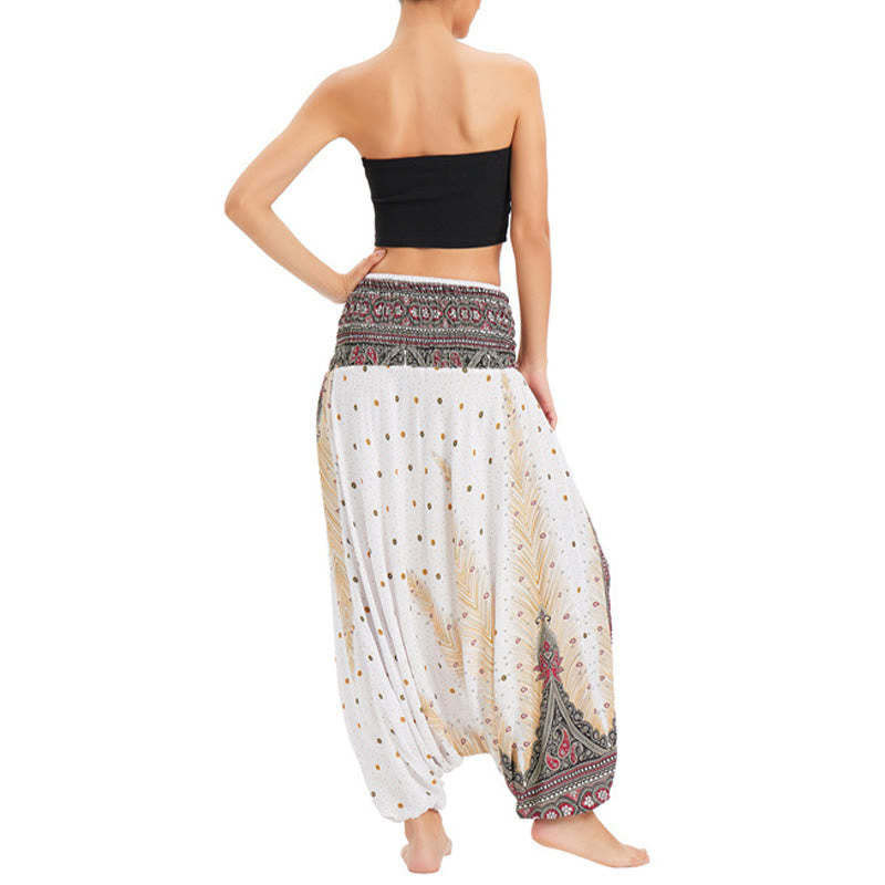Two Style Wear Peacock Feather Loose Smocked Harem Trousers Jumpsuit High Waist Pants