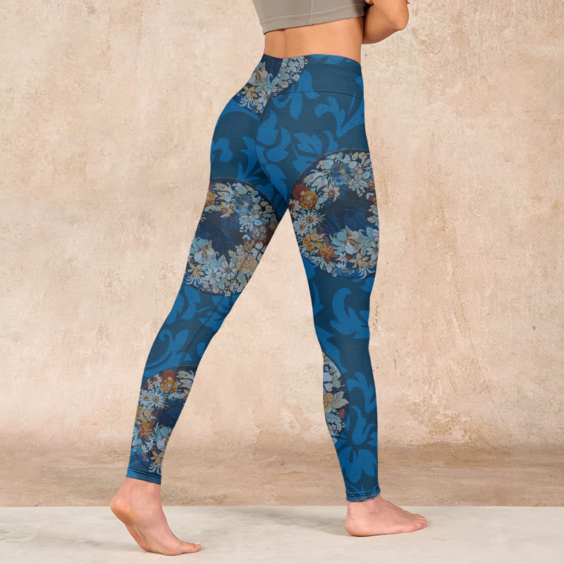 Dark Blue Flowers In Bloom Print Sports Leggings Women's Yoga Pants