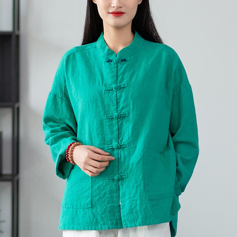 Solid Color Frog-button Long Sleeve Linen Women's Shirts With Pockets